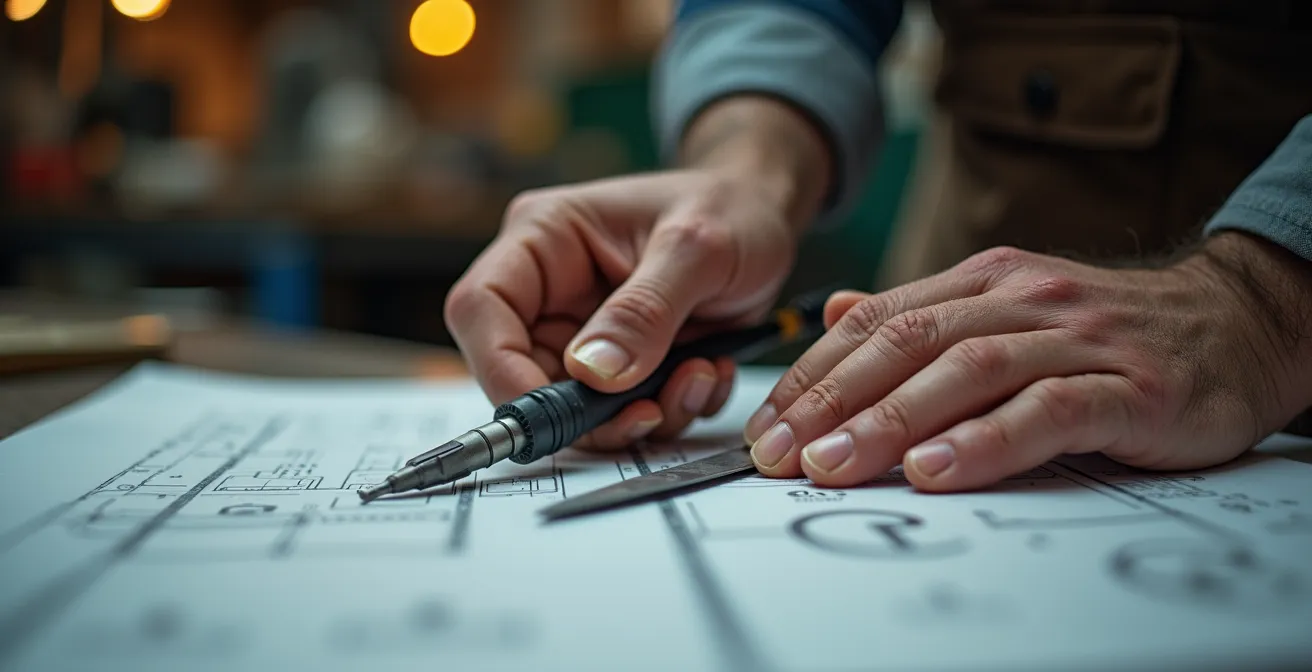 Mains analysant des plans techniques sur une table de travail industrielle