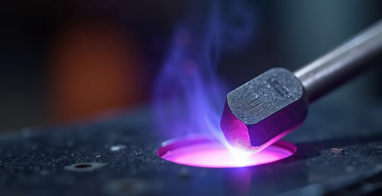 Vue macro d'une électrode tungstène créant un arc électrique pendant le soudage TIG