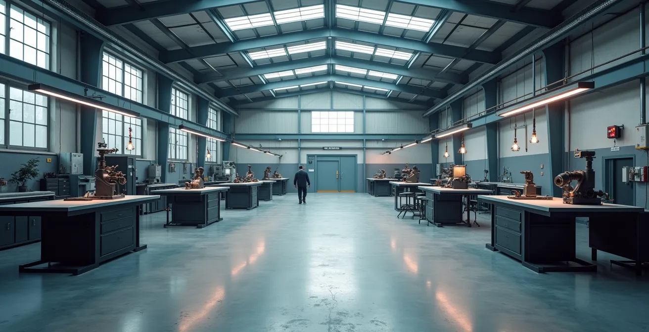 Vue d'ensemble d'un atelier de métallerie moderne avec équipements organisés et espaces de travail épurés