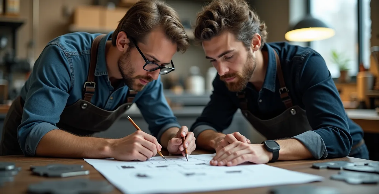 Métallier et client échangeant autour d'esquisses de projet sur table de travail