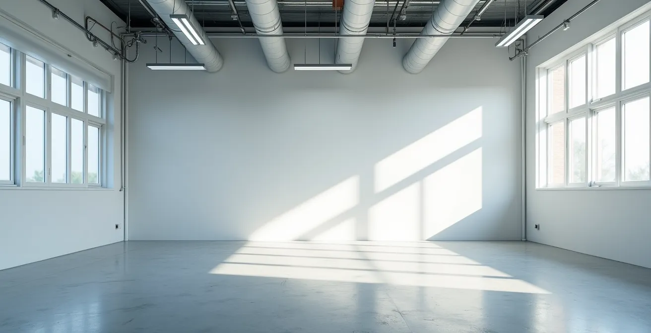 Vue large d'un atelier industriel moderne avec système de filtration visible au plafond