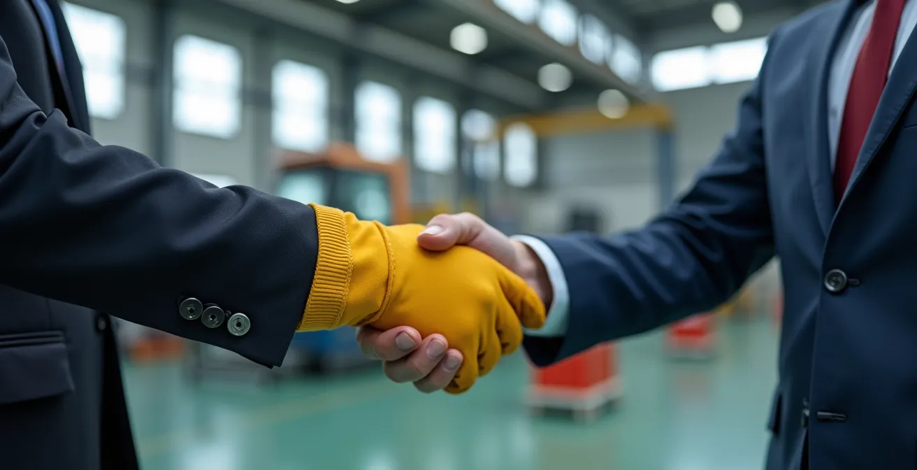 Poignée de main entre professionnels dans un environnement industriel moderne