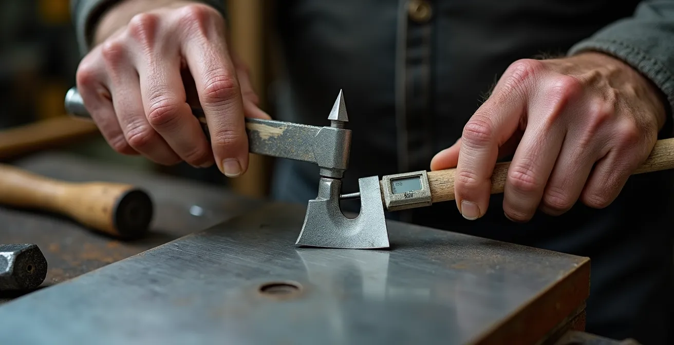 Gros plan des mains d'un métallier mesurant précisément un angle complexe sur une pièce métallique