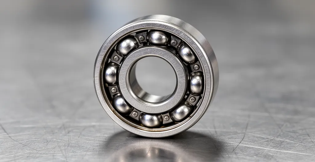 Gros plan sur un roulement à billes montrant les billes et la cage métallique