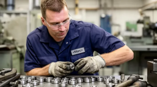 Technicien inspectant des roulements à billes sur établi d'atelier mécanique