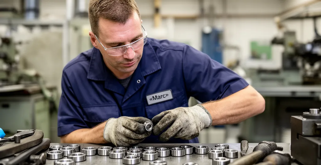 Technicien inspectant des roulements à billes sur établi d'atelier mécanique
