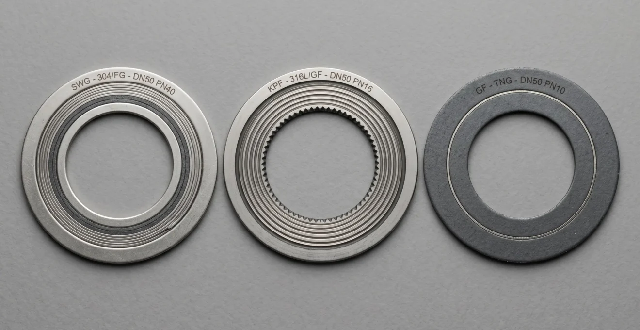 Vue rapprochée de trois types de joints industriels posés côte à côte : joint spiralé, joint strié Kammprofile et joint plat en graphite