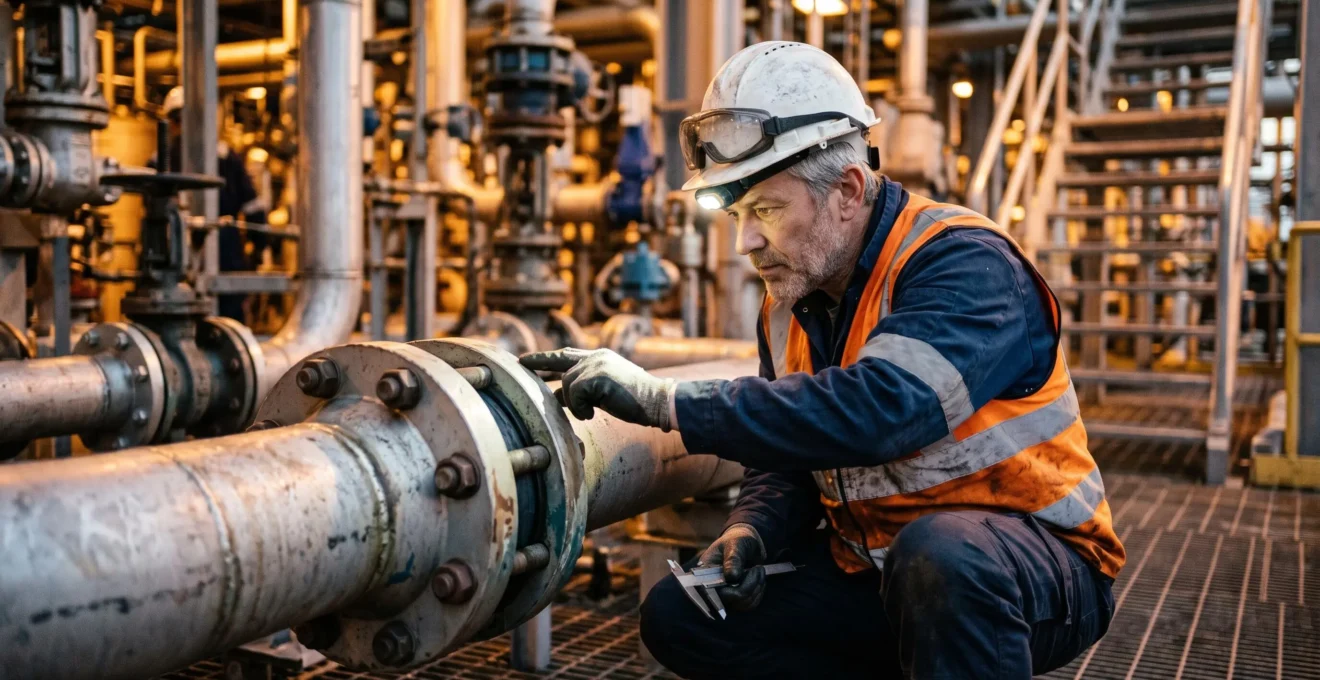 Ingénieur en tenue de protection inspectant un assemblage de brides avec joints industriels sur une installation pétrochimique