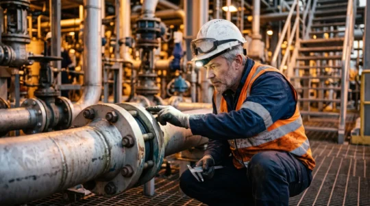 Ingénieur en tenue de protection inspectant un assemblage de brides avec joints industriels sur une installation pétrochimique