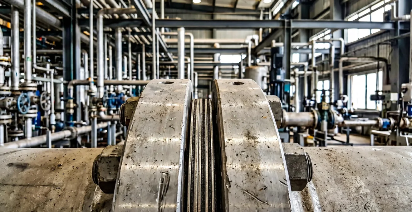 Ingénieur en tenue de protection inspectant un assemblage de brides avec joints industriels sur une installation pétrochimique
