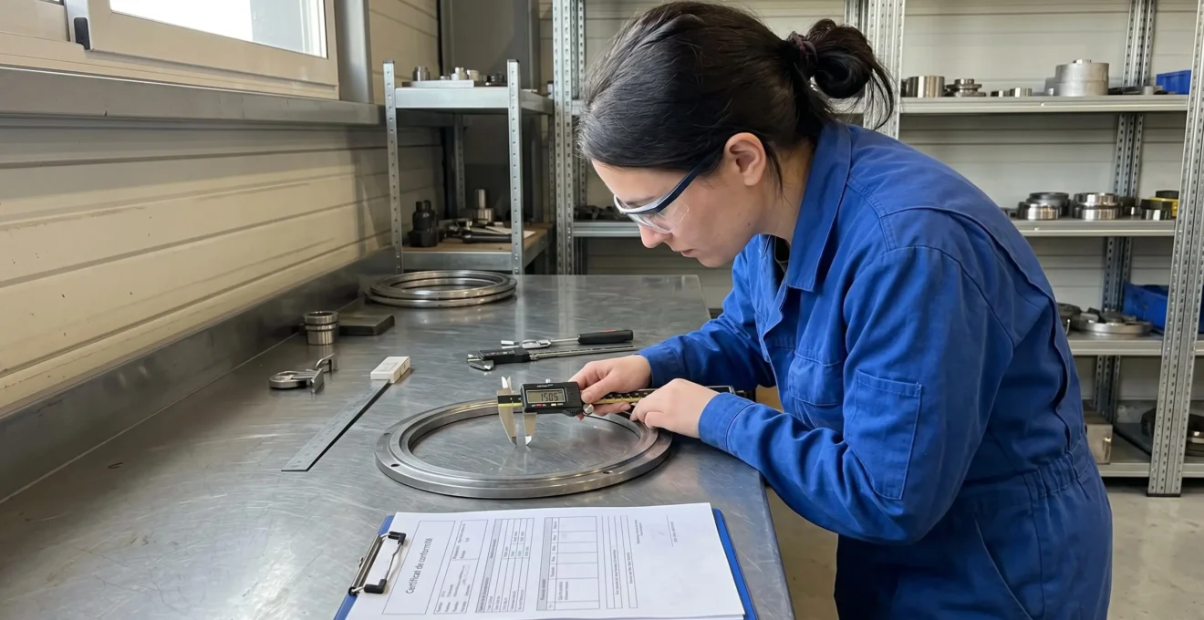 Technicien en atelier de fabrication contrôlant la conformité dimensionnelle d'un joint industriel avec un instrument de mesure