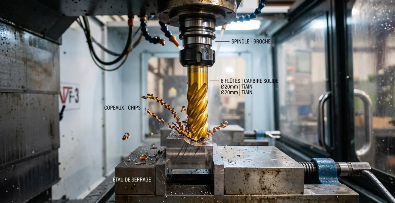 Fraise carbure 6 dents revêtement TiAlN doré en train d'usiner une pièce en acier sur centre CNC, avec copeaux métalliques en formation