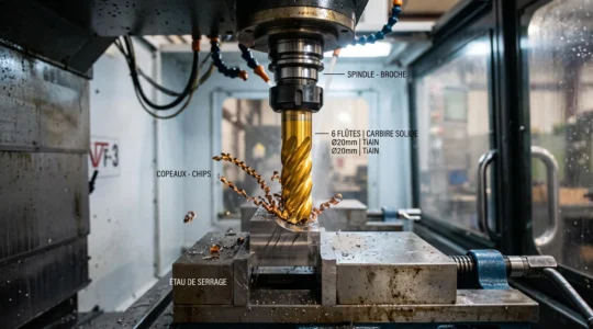 Fraise carbure 6 dents revêtement TiAlN doré en train d'usiner une pièce en acier sur centre CNC, avec copeaux métalliques en formation