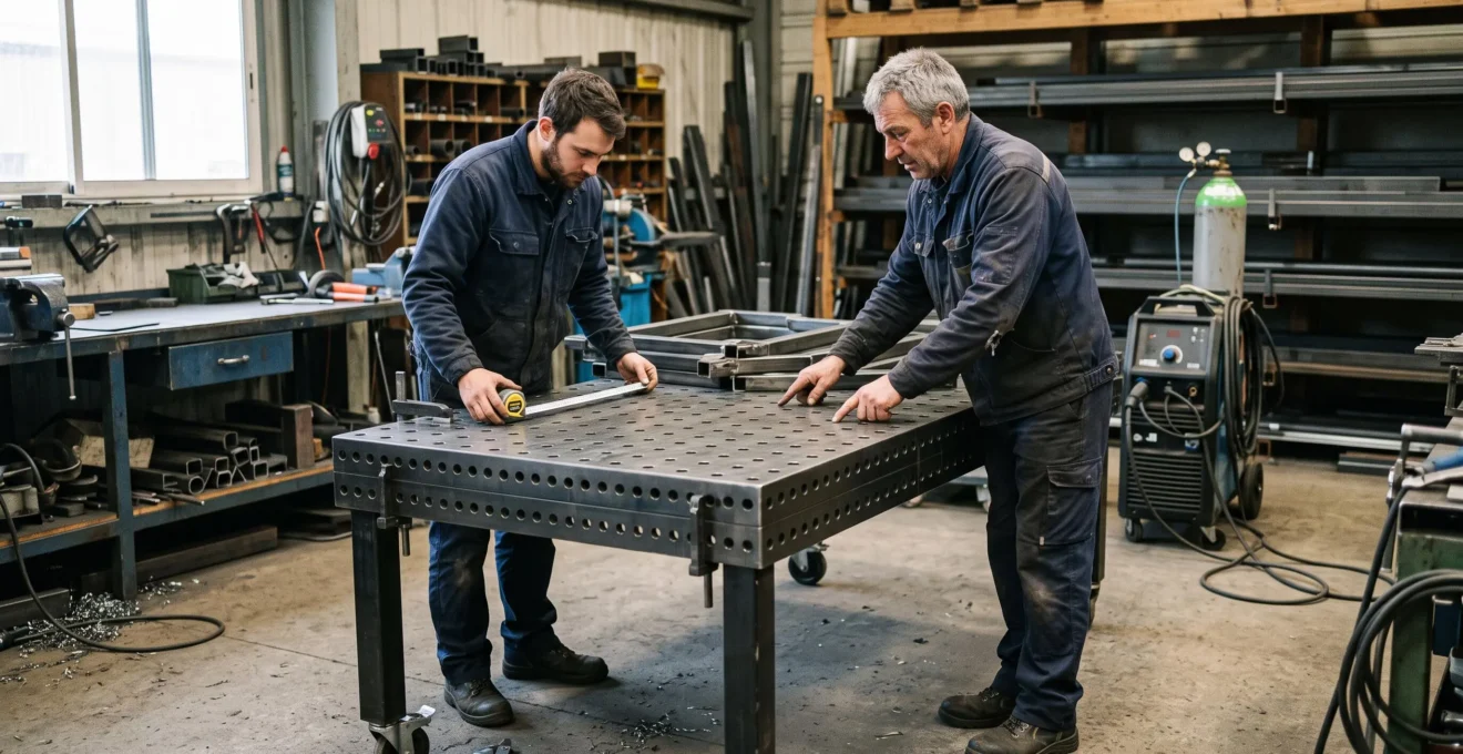 Deux chaudronniers vérifient les dimensions d'une table de soudage mobile à l'aide d'un mètre ruban dans un atelier.