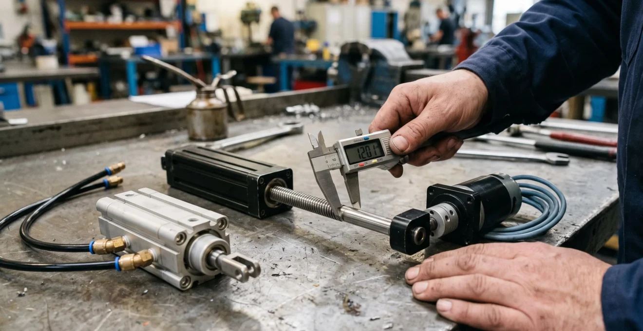 Un technicien mesure avec un pied à coulisse la tige d'un vérin électrique posé à côté d'un vérin pneumatique sur un établi.