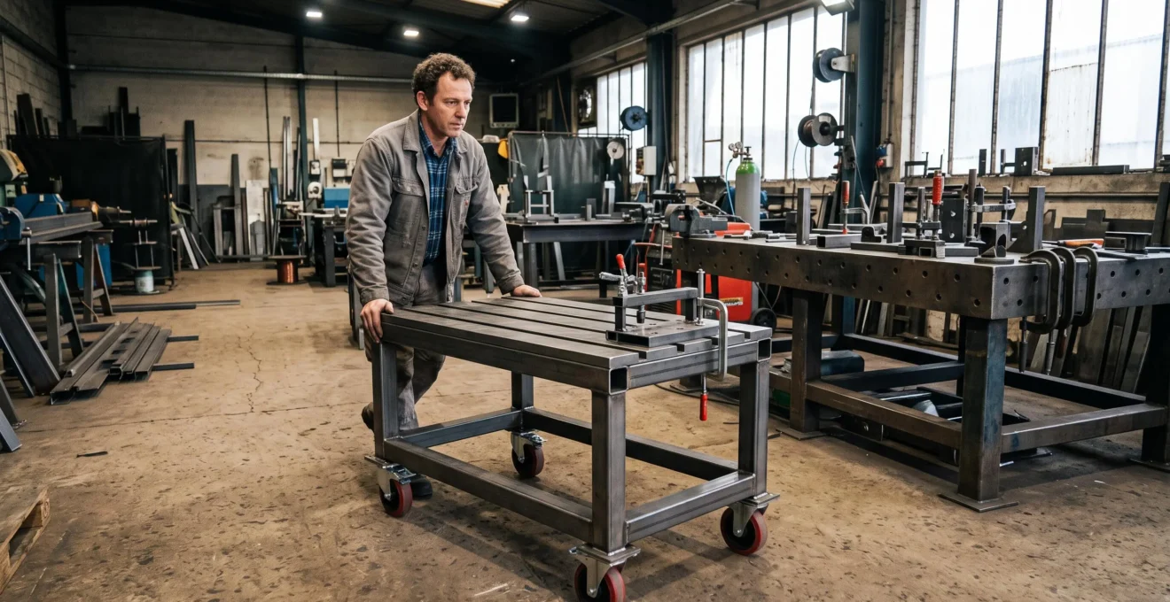 Un artisan déplace une table de soudage modulable sur roulettes dans un atelier, une grande table fixe visible au fond.