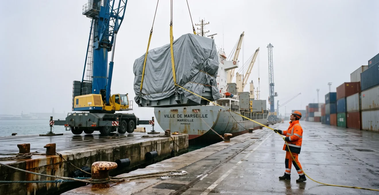 Une grue portuaire soulève une charge lourde sur un quai tandis qu'un rigueur guide le chargement au moyen d'une corde.