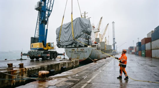 Une grue portuaire soulève une charge lourde sur un quai tandis qu'un rigueur guide le chargement au moyen d'une corde.