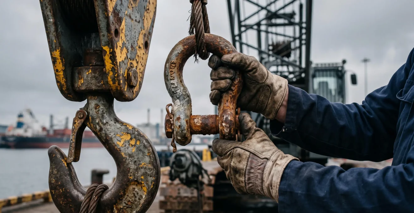 Un technicien examine de près un croc de levage corrodé par l'air salin sur un équipement portuaire.