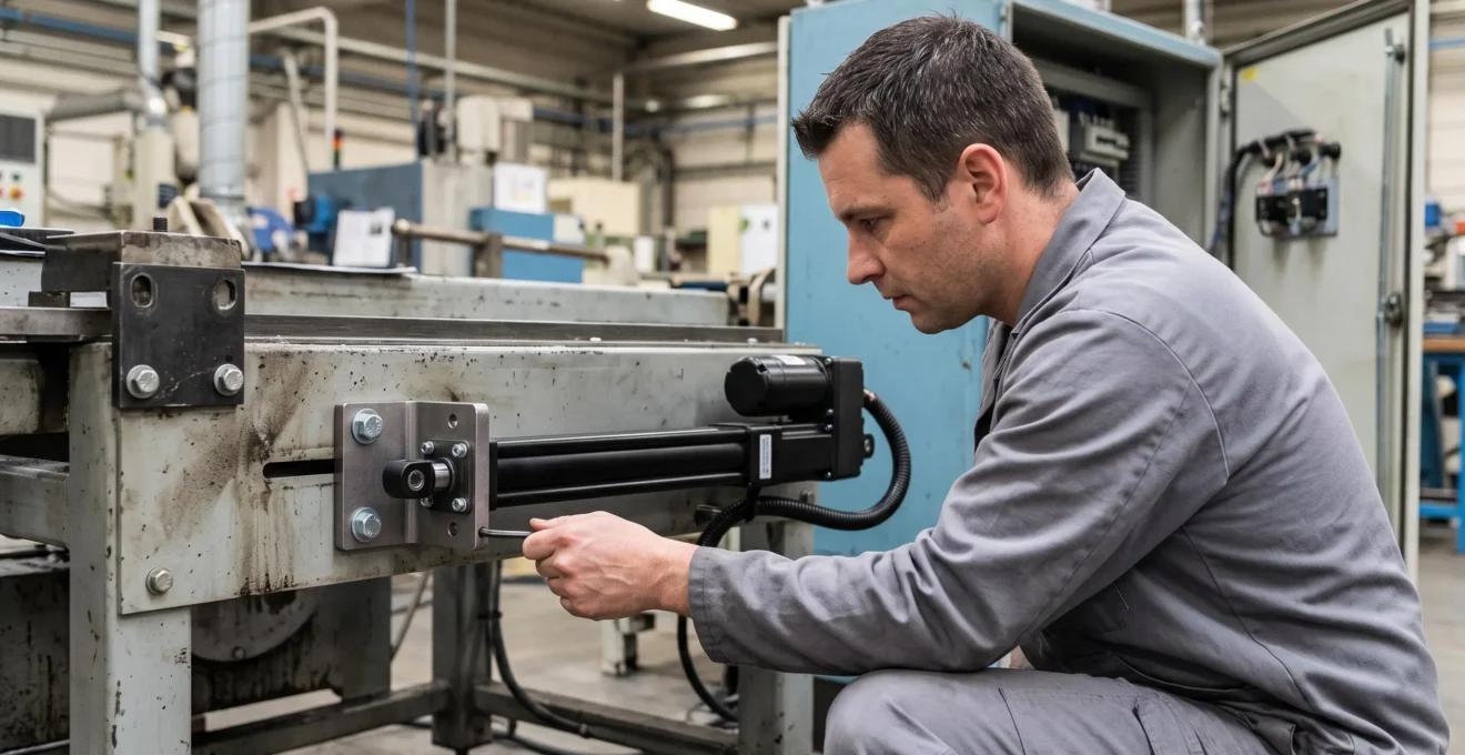 Un technicien fixe le support d'un vérin électrique intégré à la place d'un vérin pneumatique sur une machine existante.