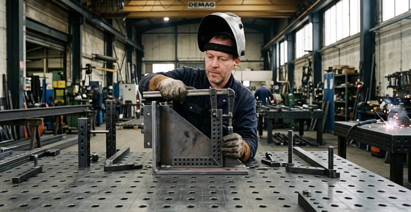Un soudeur serre une pièce en acier sur une table de soudage industrielle à trous D16 dans un atelier de chaudronnerie.
