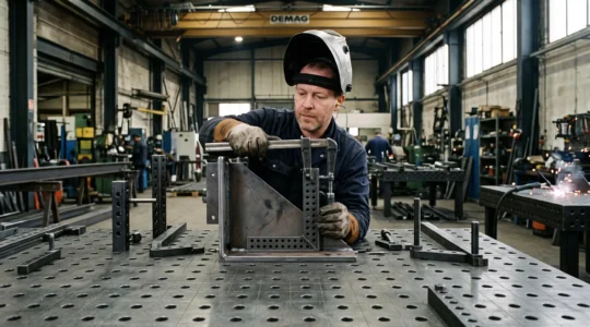 Un soudeur serre une pièce en acier sur une table de soudage industrielle à trous D16 dans un atelier de chaudronnerie.