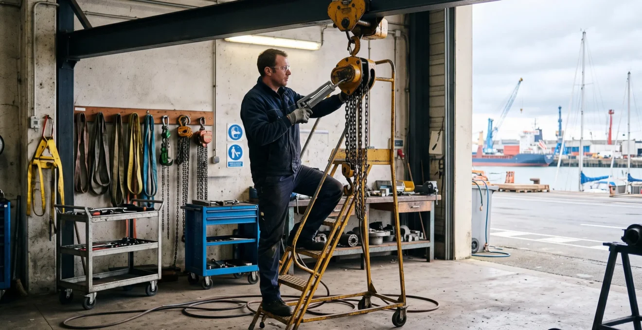 Un technicien réalise une opération de maintenance préventive sur un palan à chaîne dans un atelier proche du port.