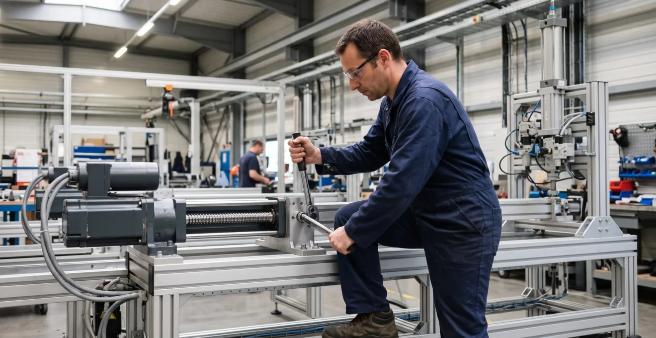 Un technicien ajuste un vérin électromécanique monté sur un châssis de machine dans un atelier industriel.