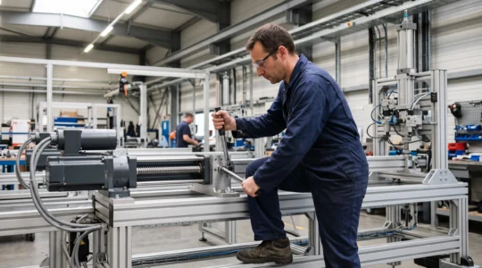 Un technicien ajuste un vérin électromécanique monté sur un châssis de machine dans un atelier industriel.