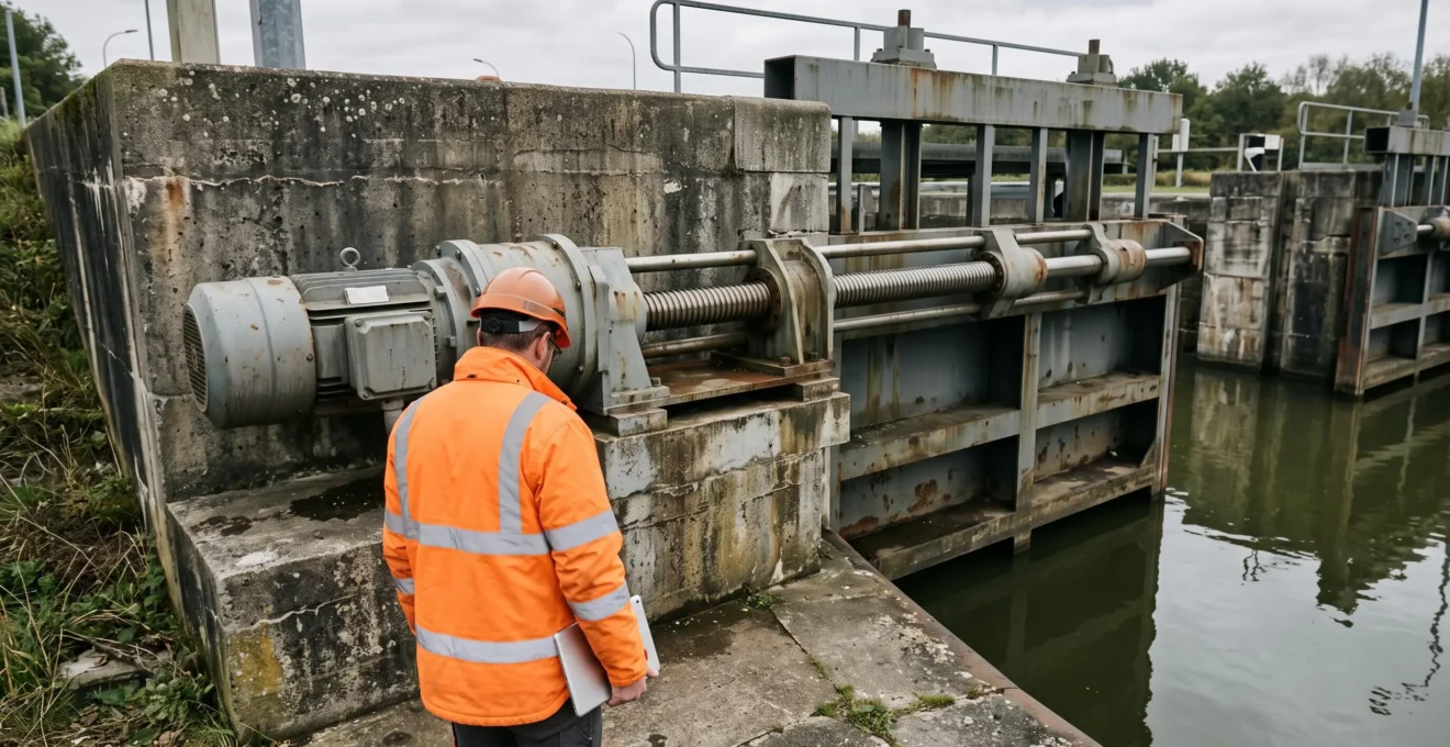 Un ingénieur inspecte un grand vérin électromécanique actionnant une porte d'écluse le long d'un canal.