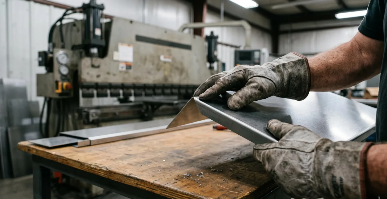 Un fabricant contrôle en atelier le pli d'une tôle destinée au bardage.