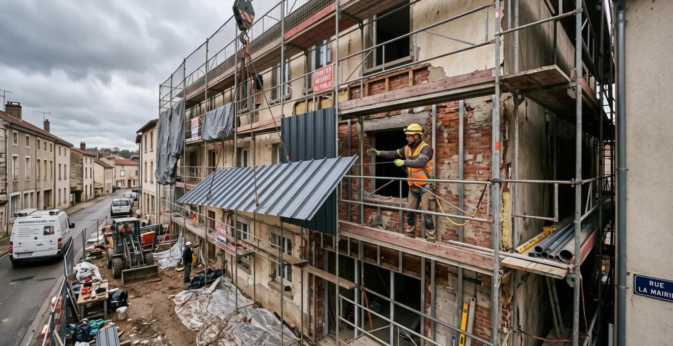 Un ouvrier guide la pose d'un panneau de tôle pliée sur la façade d'un bâtiment en rénovation.